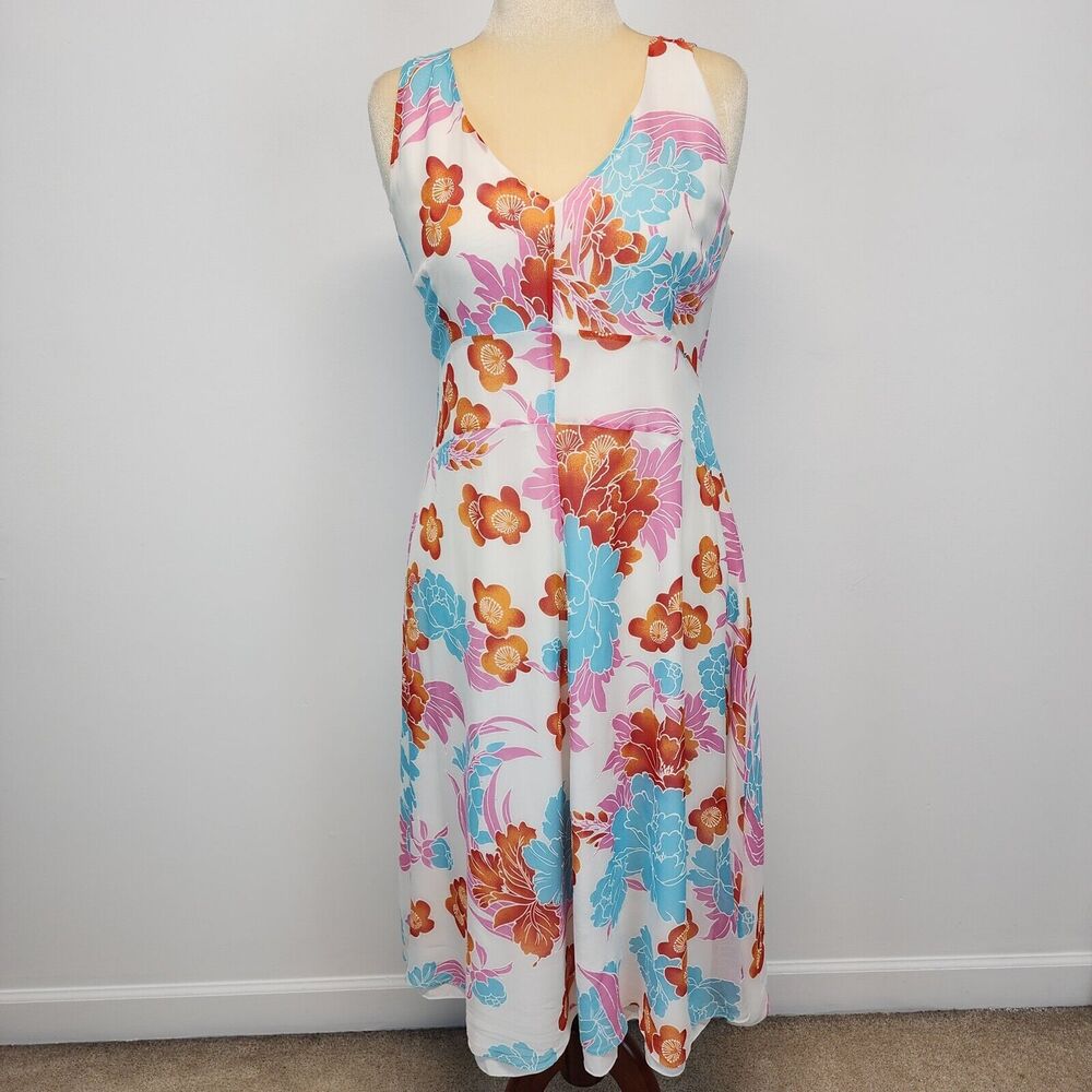 Laurel Floral Midi Dress Womens 42 M/L 100% Silk Wedding Guest Poland Cottage